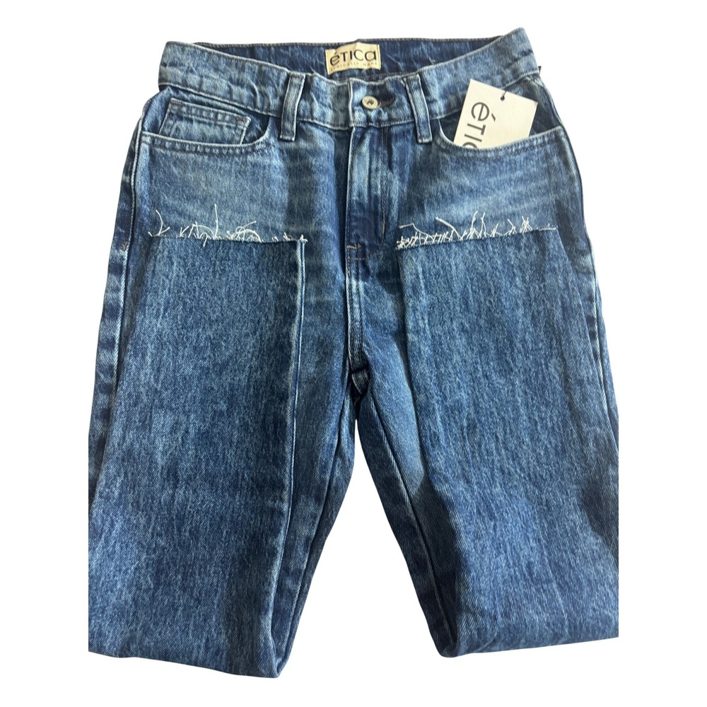 Etica Straight Leg Jeans Size 2 Medium Wash Blue Raw Hem Eco-Friendly High Rise